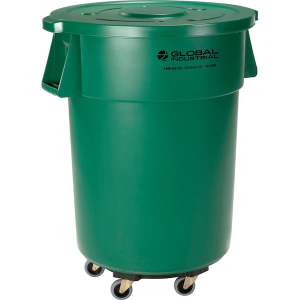 Global Industrial Plastic Trash Can with Lid & Dolly, 55 Gallon Green 240464GNB - main